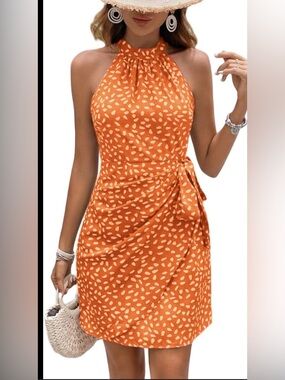 LIGHT DOT Women's Summer Dress Dot Print Halter Neck Tie Waist Casual L